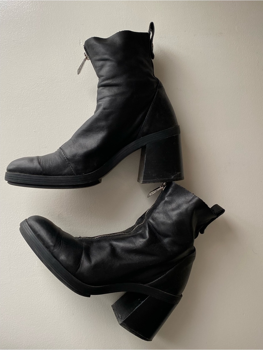 Zara Black Leather Mid-Calf Block Heel Boots with Front Zipper